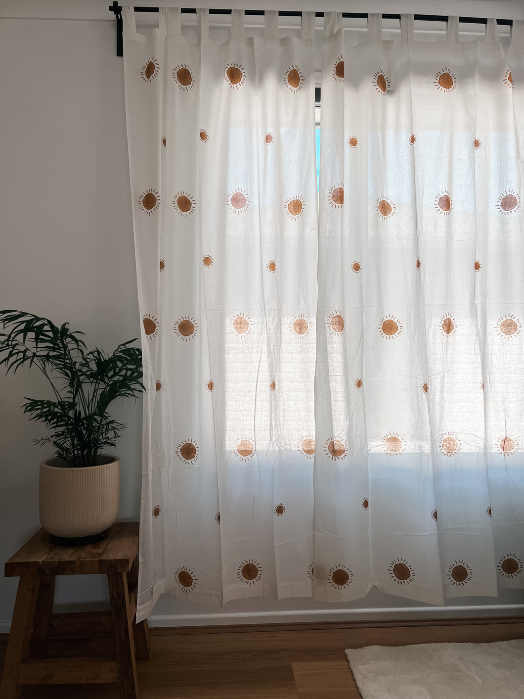 Block Printed Cotton Tab Curtain: Sandalwood Suns