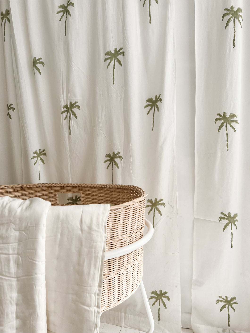 Block Printed Cotton Tab Curtains: Sage Palm Tree