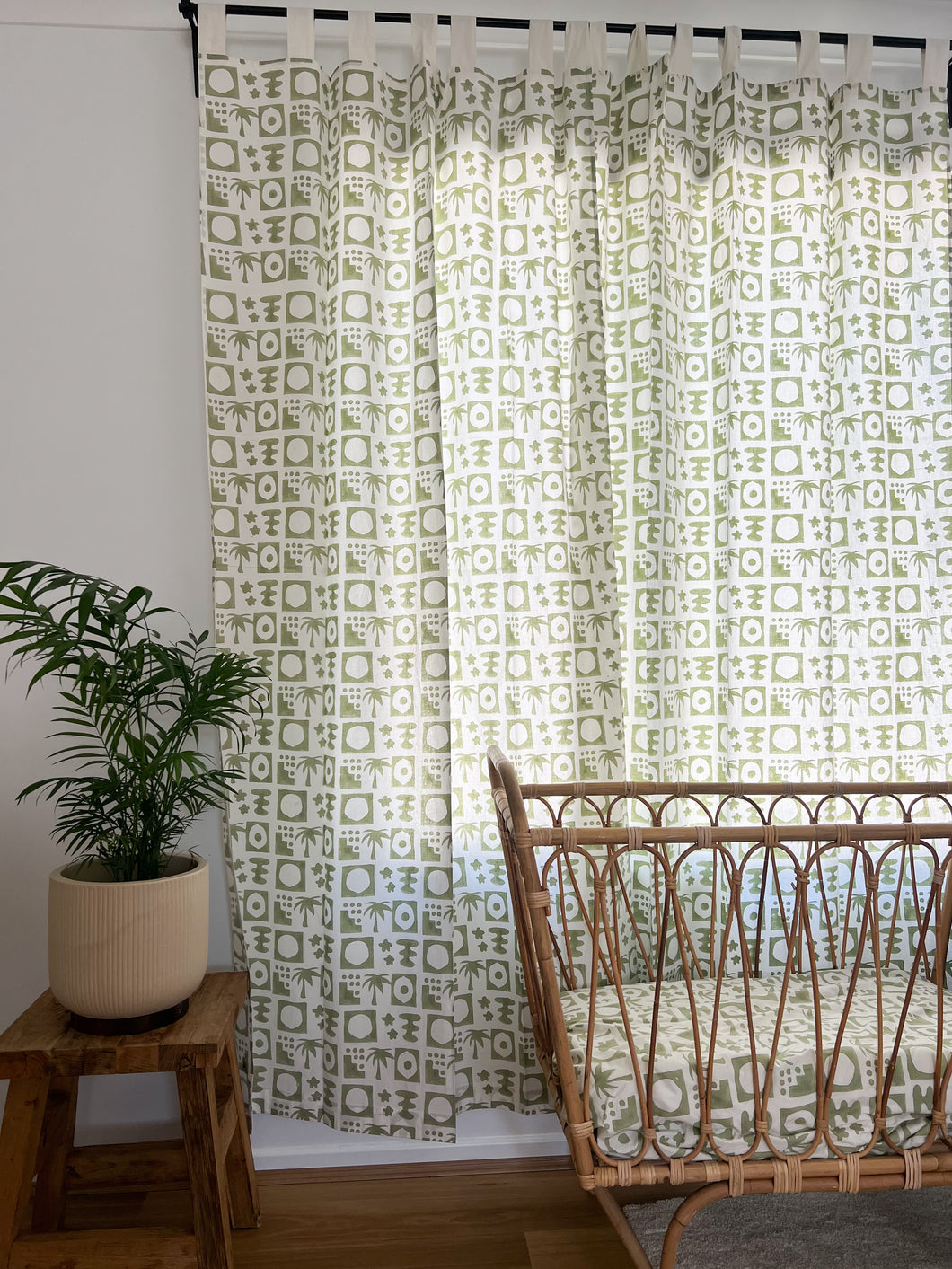 Block Printed Cotton Tab Curtain: Green Zailee