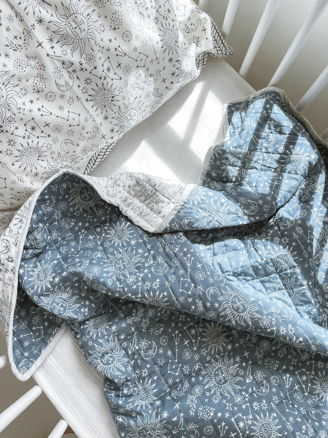 Baby Quilt /Play Mat: Light Kantha Style Blue Skies