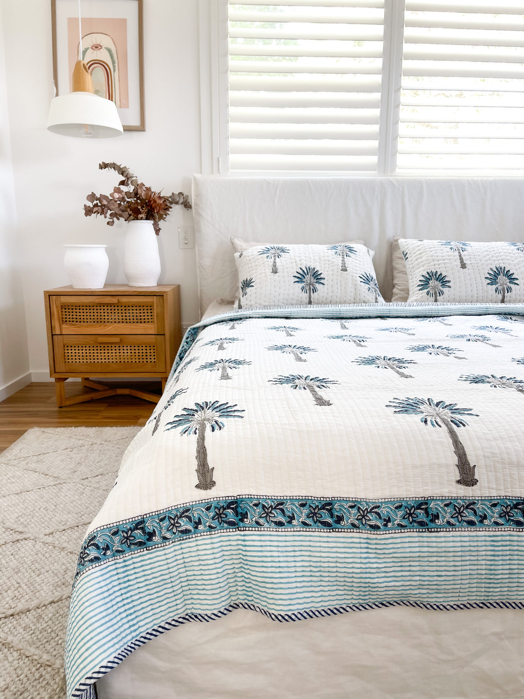 Queen/King Quilt ~ Kantha ~ Blue Palm Springs